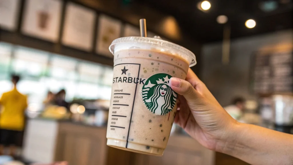 A Starbucks drink with calorie details and customization info.