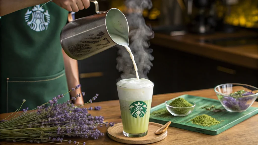 Barista pouring frothy milk into a Starbucks Lavender Matcha drink.