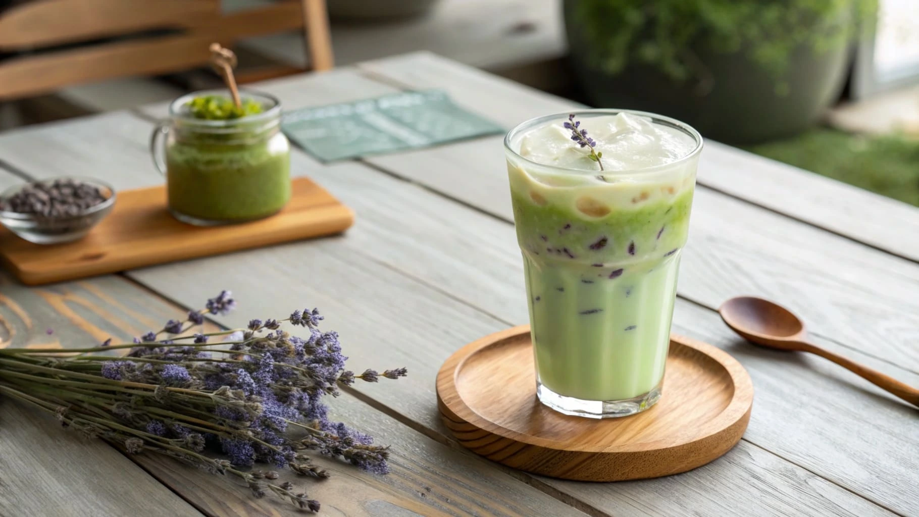 Starbucks Lavender Matcha drink in a glass with lavender sprig.