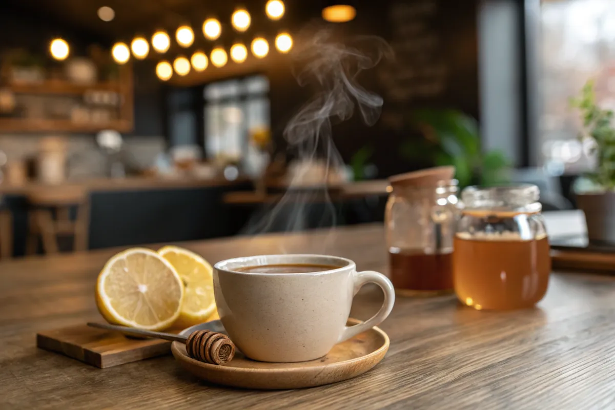 Warm Starbucks Medicine Ball tea with honey and lemon in a cozy café setting