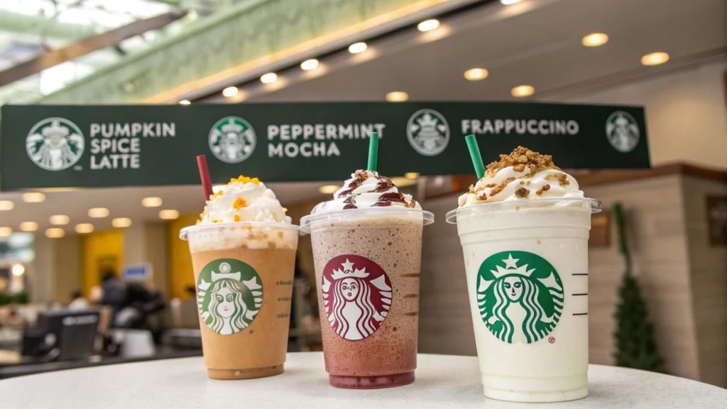 Popular Starbucks drinks with digital calorie tags.