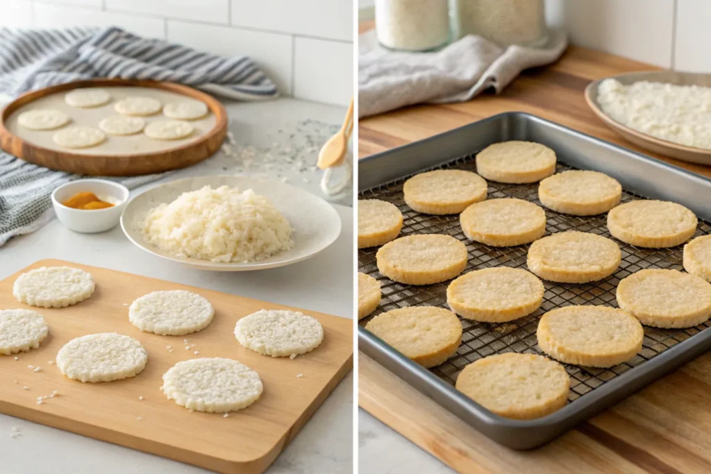 Step-by-step preparation of homemade rice crackers, from shaping to baking and cooling in a clean kitchen setting.