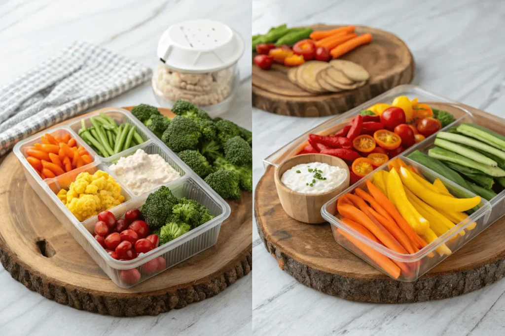 Comparison of a store-bought veggie tray and a homemade veggie tray.