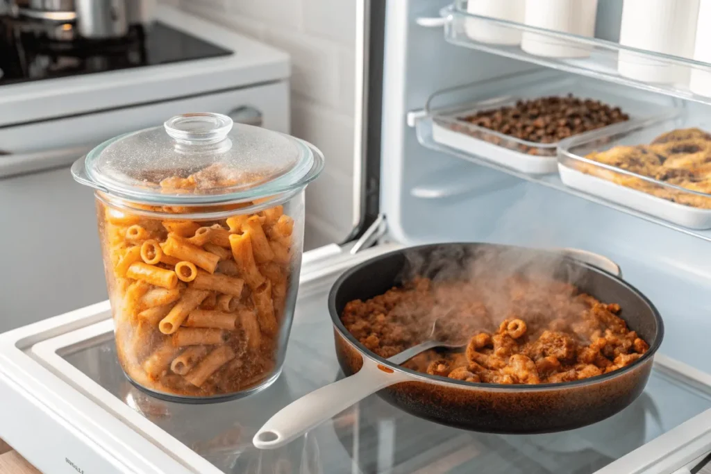 Beefaroni stored in a container and reheated in a skillet.