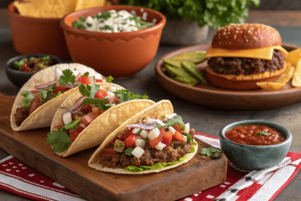 Carne molida tacos and ground beef cheeseburgers side by side