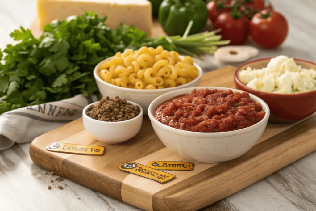 Key ingredients of Chef Boyardee Beefaroni displayed separately: macaroni, ground beef, and tomato sauce.