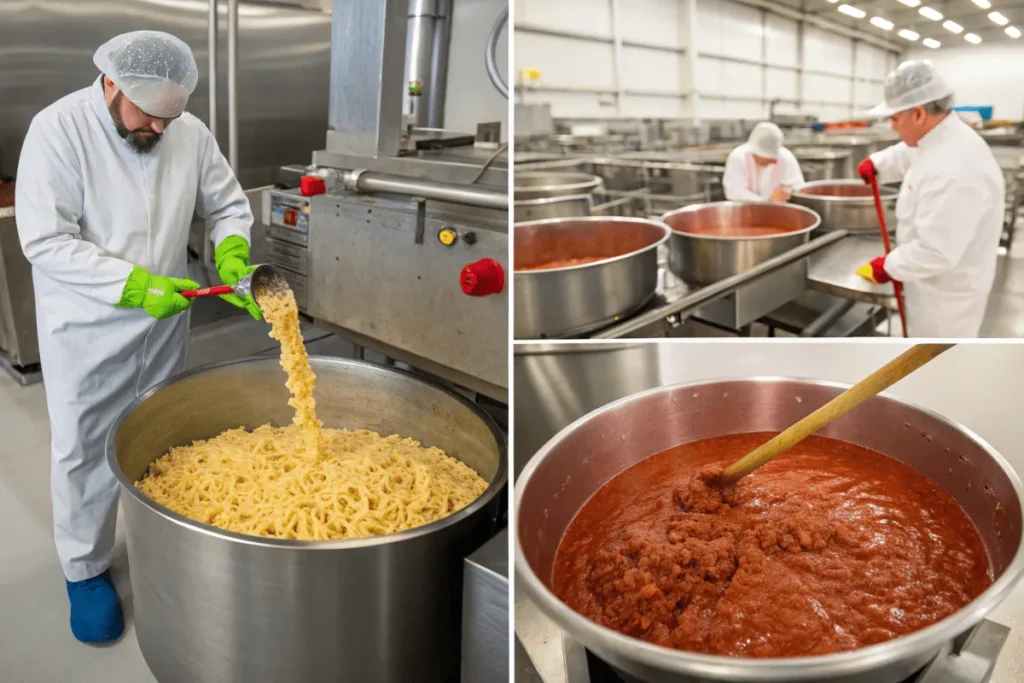 Step-by-step manufacturing of Chef Boyardee Beefaroni in a production facility.