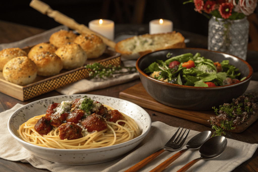 A dinner table showcasing spaghetti with sides and beefaroni with pairings.