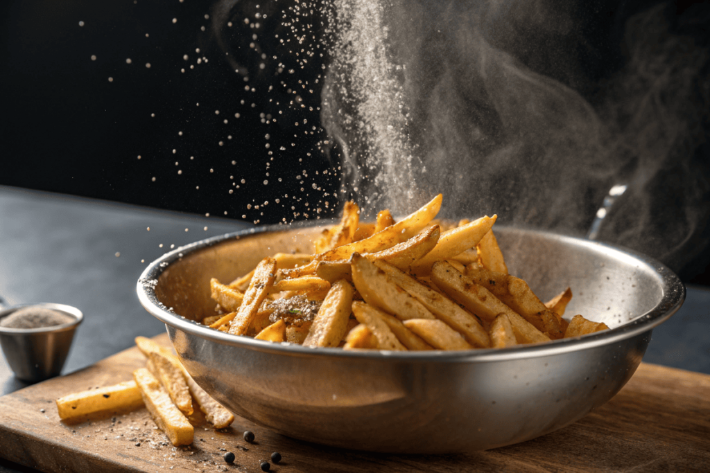 Freshly fried french fries being seasoned in a stainless steel bowl.