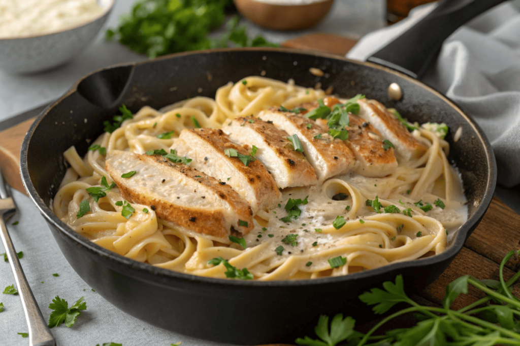 Tossing pasta and sliced chicken in garlic parmesan sauce with fresh parsley.