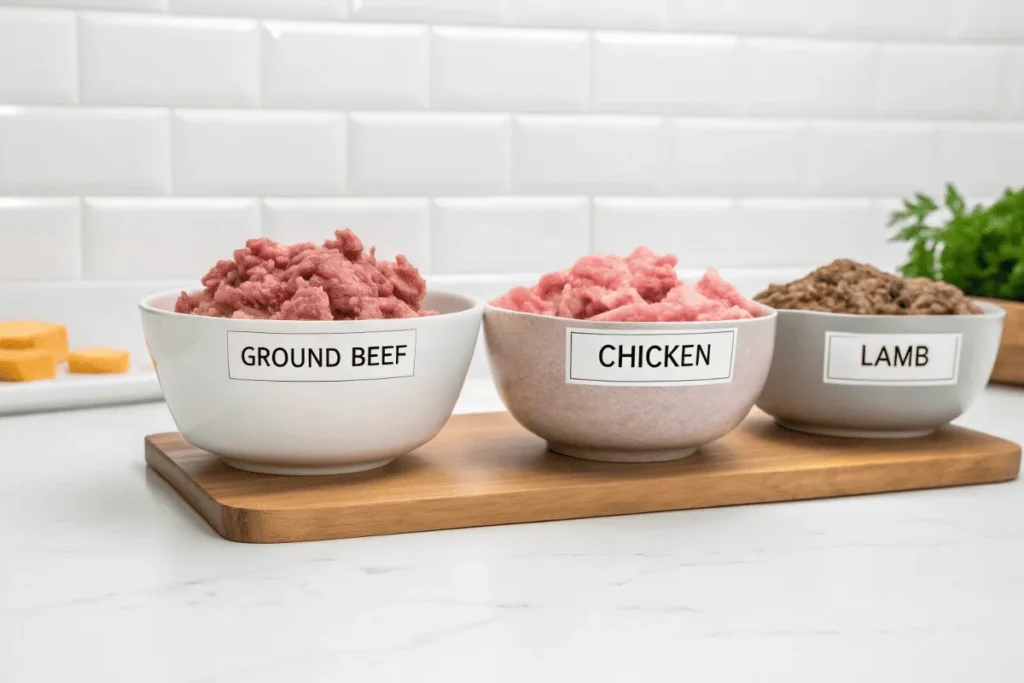 Four bowls of ground meat labeled as beef, pork, chicken, and lamb.