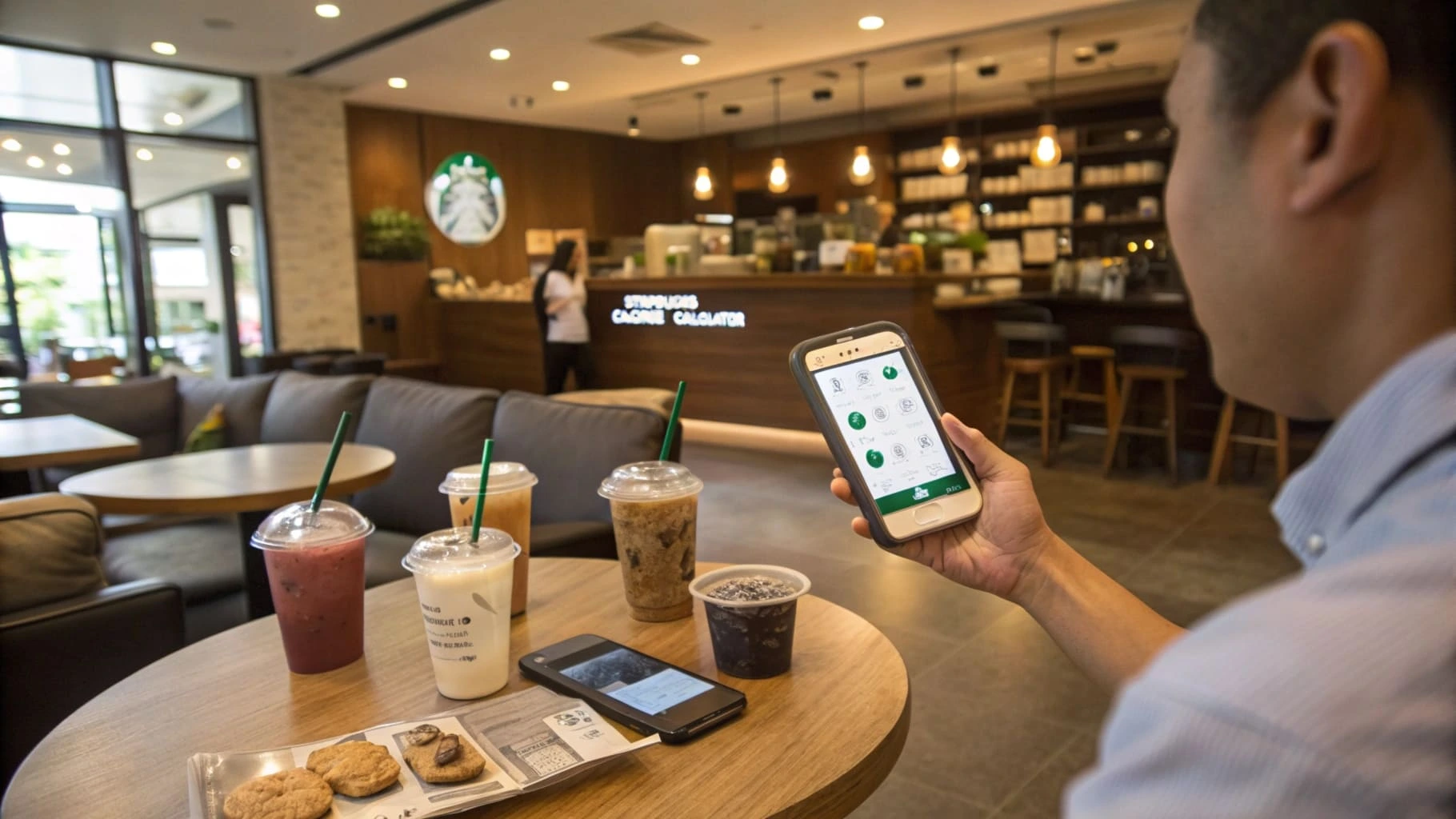 Person using Starbucks calorie calculator app with drinks on table