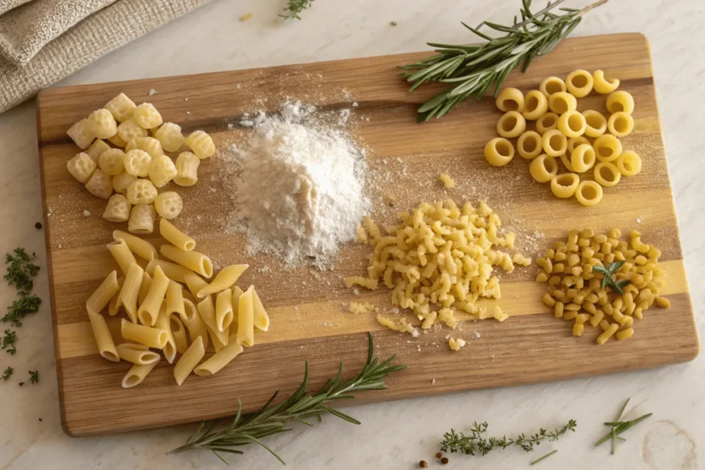 An assortment of ditalini pasta substitutes on a wooden cutting board.