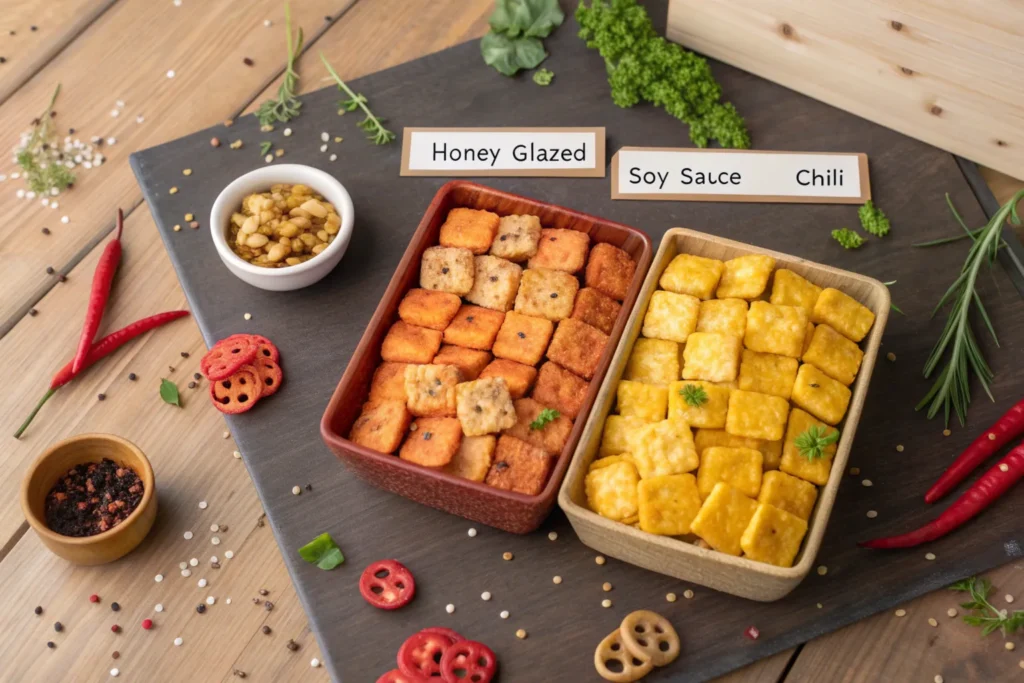 A variety of rice crackers by flavor: sweet, savory, and spicy, arranged with garnishes and flavor labels on a wooden table.