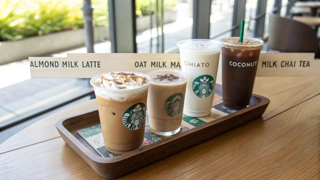 Starbucks vegan and dairy-free drinks with calorie information.