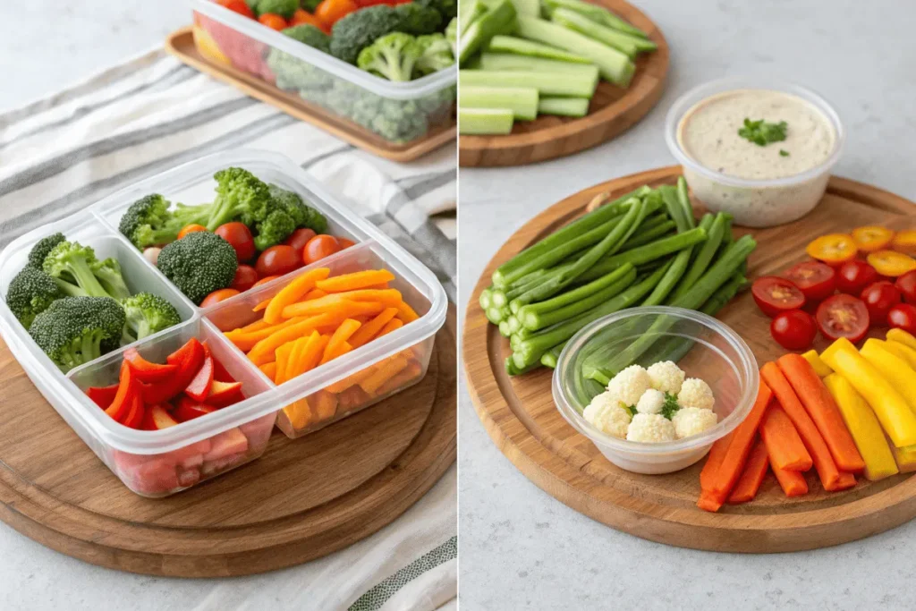 Veggie tray with cucumbers, carrots, cherry tomatoes, and dips on a marble countertop.