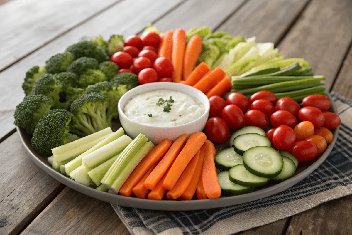 A beautifully arranged veggie tray featuring cucumber slices, carrots, and ranch dip.