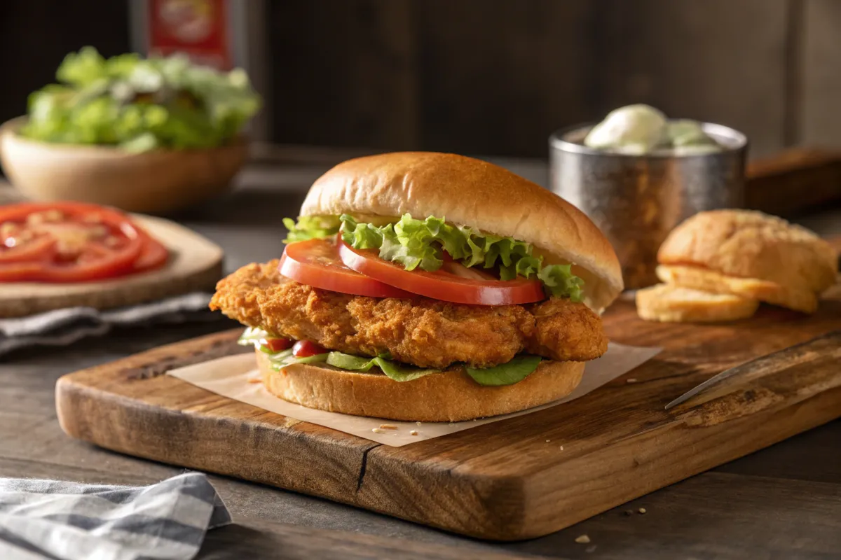 A Wendy’s Spicy Chicken Sandwich with fresh toppings on a wooden board.