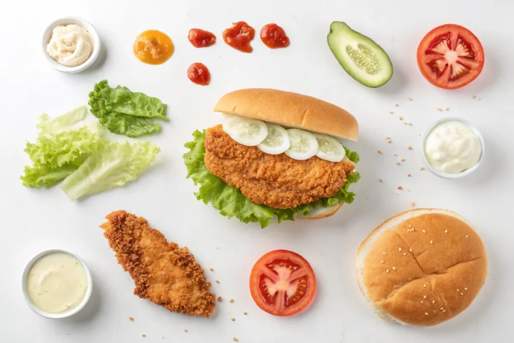 Deconstructed Wendy’s Spicy Chicken Sandwich ingredients, including crispy chicken, fresh veggies, and a soft bun.