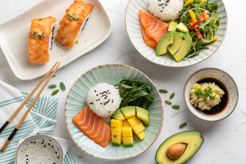 What to serve with salmon sushi bake: onigiri, tempura vegetables, and avocado mango salad.