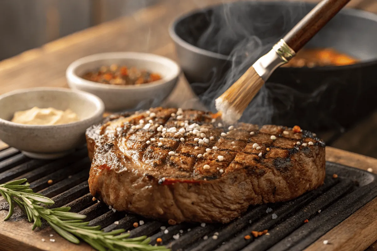 Grilled Texas Roadhouse-style steak with seasoning on a hot grill.