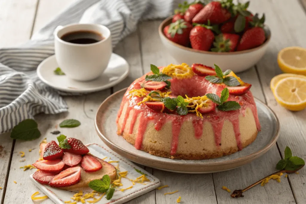 Strawberry pound cake with glaze and lemon zest topping