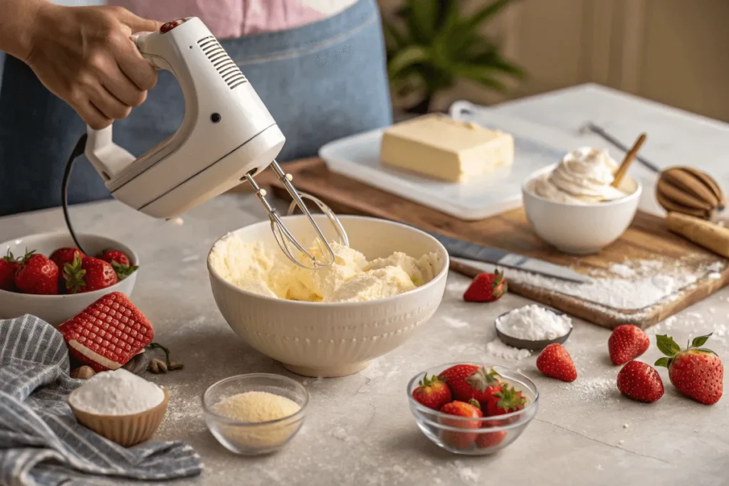 Mixing batter for strawberry pound cake with electric mixer