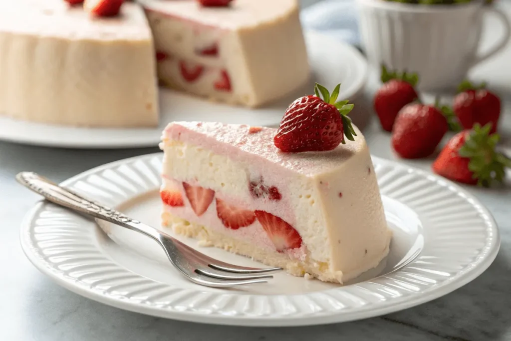 Slice of strawberry cream cheese pound cake served on plate