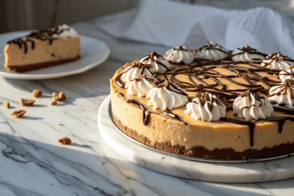 A rich, no-bake peanut butter cream cheese pie with chocolate drizzle