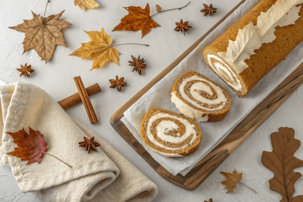 Pumpkin roll sliced to reveal creamy cream cheese filling