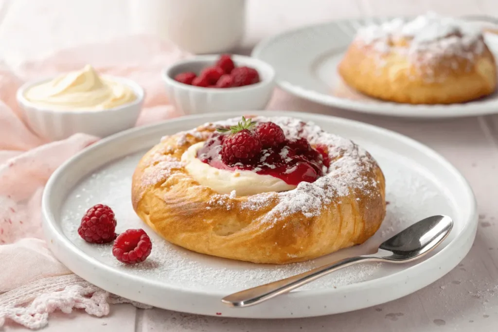 A golden puff pastry filled with cream cheese and raspberry jam