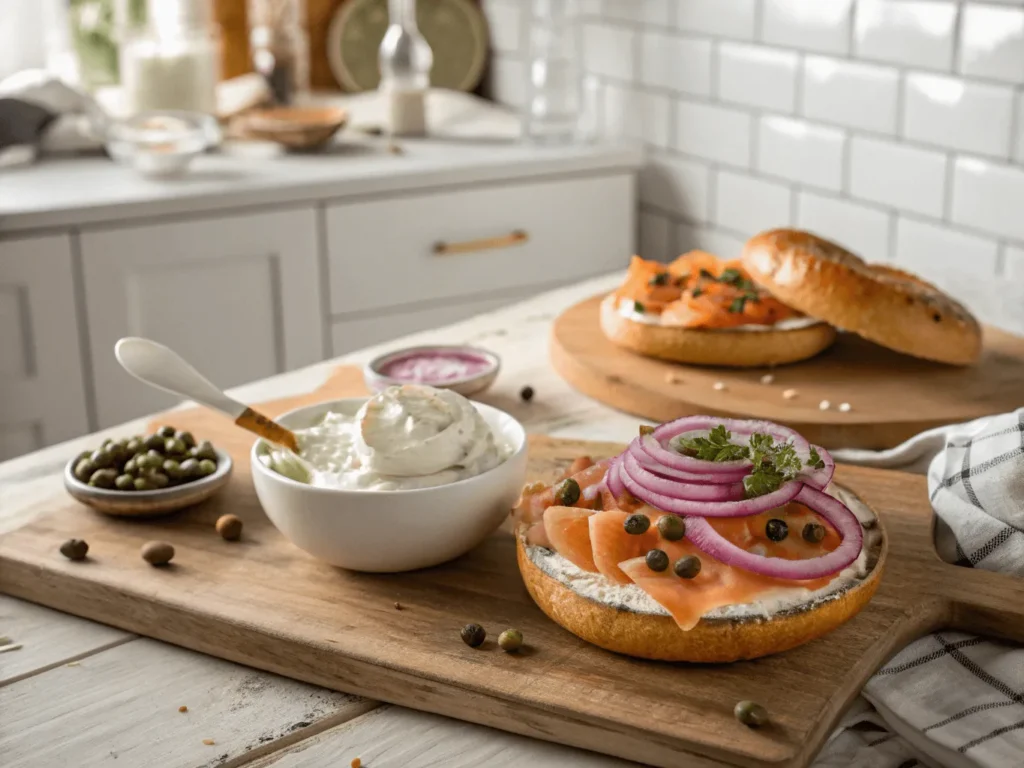 Cream cheese and salmon bagel on wooden table